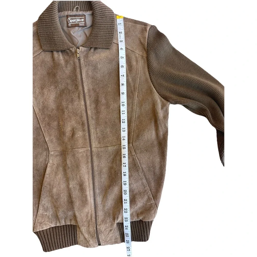 Vintage Sears Sportswear Suede Leather Bomber Jacket Men’s Large Brown Knit...